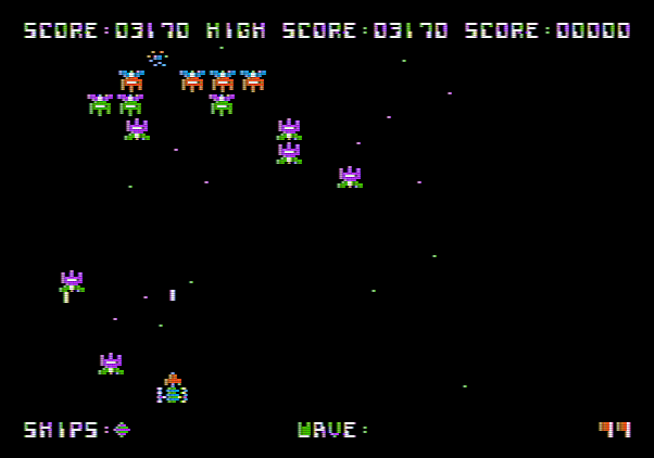 Galaxian Apple II Screenshot: Only a few Galaxians left on this wave...