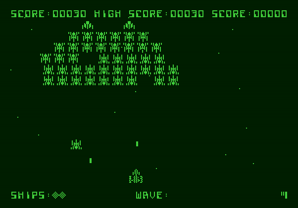 Galaxian Apple II Screenshot: The game begins.
