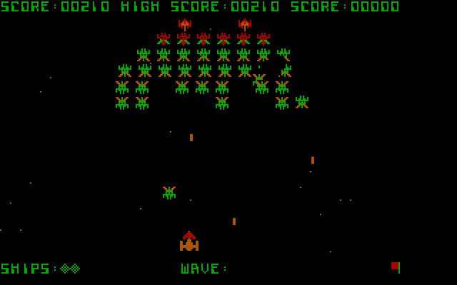 Galaxian IBM PC/Compatibles Screenshot: The game also has an alternate color palette; this is available so users with composite monitors can play in color