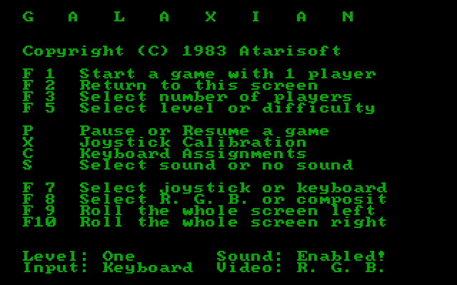 Galaxian IBM PC/Compatibles Screenshot: The available game options