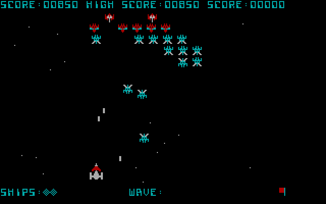 Galaxian IBM PC/Compatibles Screenshot: The Galaxians start diving down towards the player's ship