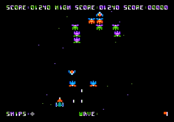Galaxian Apple II Screenshot: Galaxians fly down towards the bottom of the screen...