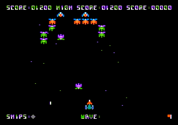 Galaxian Apple II Screenshot: Only a few Galaxians left on this wave...