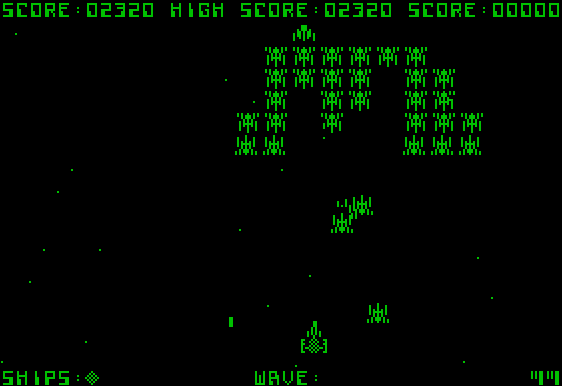 Galaxian Apple II Screenshot: Avoid the galaxians when they fly towards you.