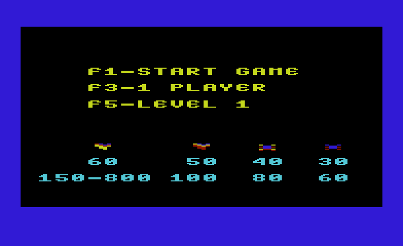 Galaxian Commodore VIC-20 Screenshot: Game options.