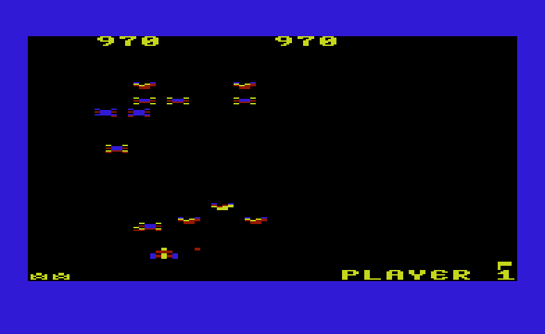 Galaxian Commodore VIC-20 Screenshot: Careful, don't crash into dive bombing Galaxians...