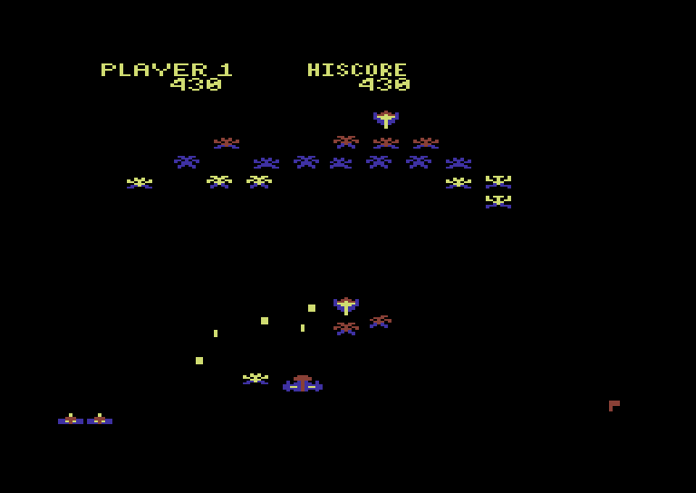 Galaxian Commodore 64 Screenshot: Don't crash into dive bombing Galaxians!