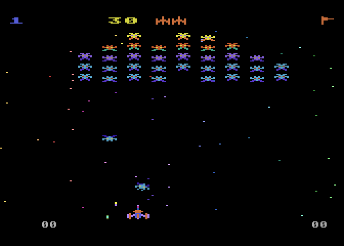 Galaxian Atari 8-bit Screenshot: Game start.