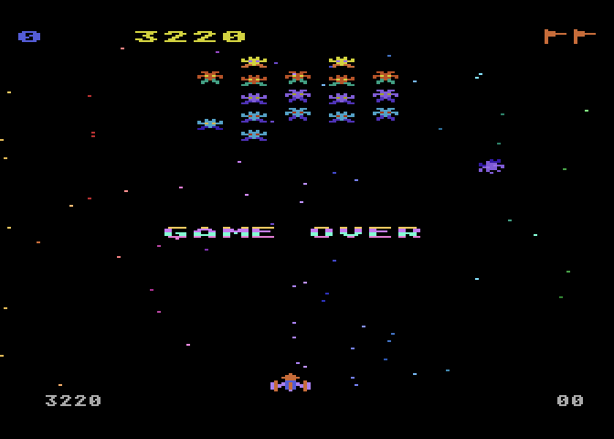 Galaxian Atari 8-bit Screenshot: Game over.