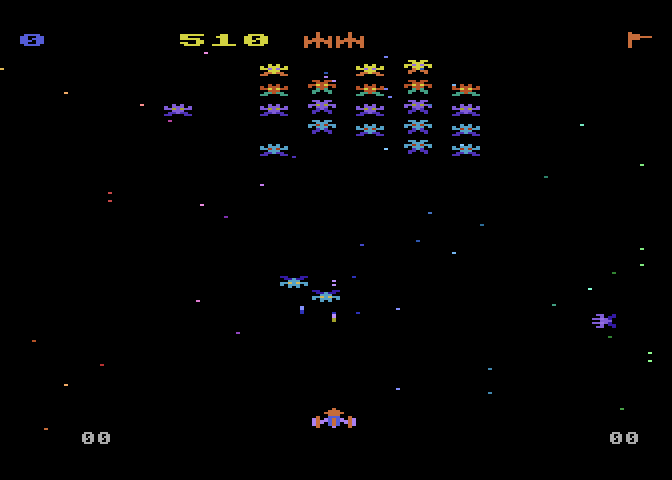 Galaxian Atari 8-bit Screenshot: Avoid the dive bombing Galaxians...