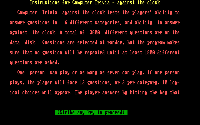 Computer Trivia IBM PC/Compatibles Screenshot: One of several game instruction screens.