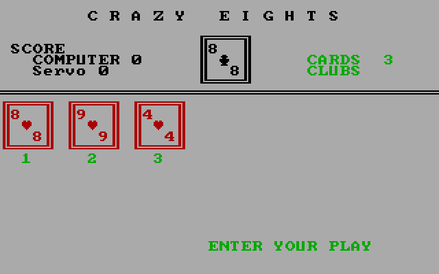 Crazy Eights IBM PC/Compatibles Screenshot: Only a few cards left.