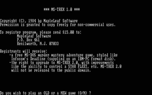 MS-Trek IBM PC/Compatibles Screenshot: Title screen and introduction.