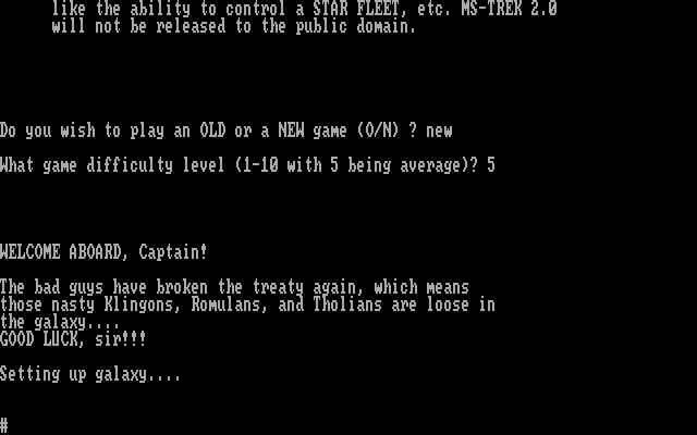 MS-Trek IBM PC/Compatibles Screenshot: Starting a new game.