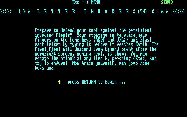 Typing Tutor III IBM PC/Compatibles Screenshot: The Letter Invaders game overview.