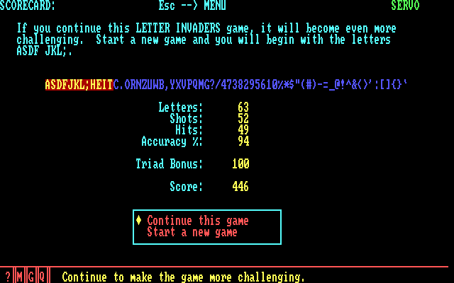Typing Tutor III IBM PC/Compatibles Screenshot: Summary of Letter Invaders successes or failures.