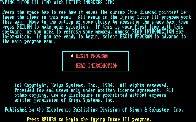 Typing Tutor III IBM PC/Compatibles Screenshot: Title screen.