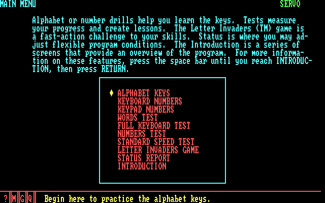 Typing Tutor III IBM PC/Compatibles Screenshot: The main menu.