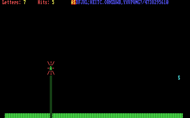 Typing Tutor III IBM PC/Compatibles Screenshot: The letter A has been zapped!