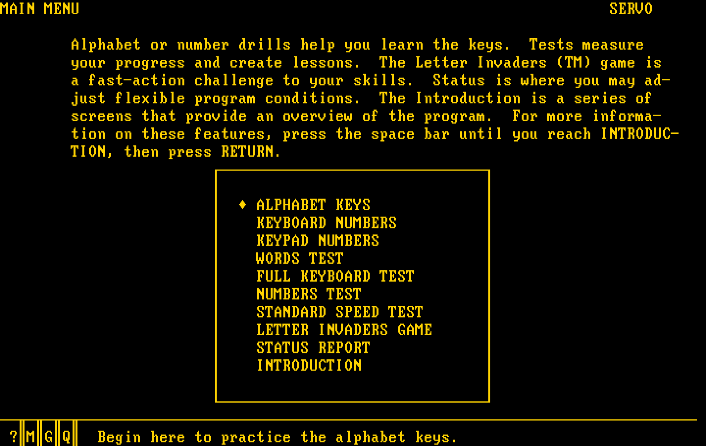 Typing Tutor III IBM PC/Compatibles Screenshot: The main menu.