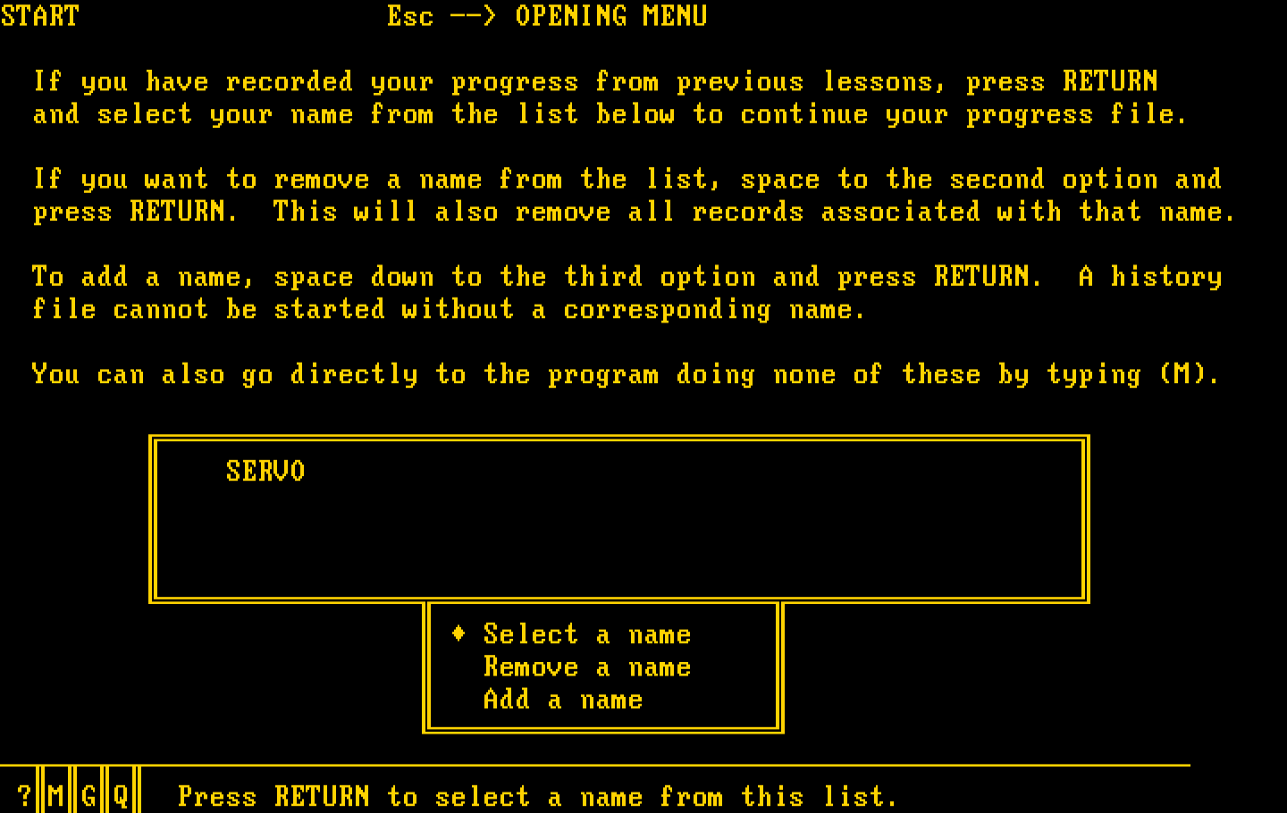 Typing Tutor III IBM PC/Compatibles Screenshot: Select an existing user, or create a new one.