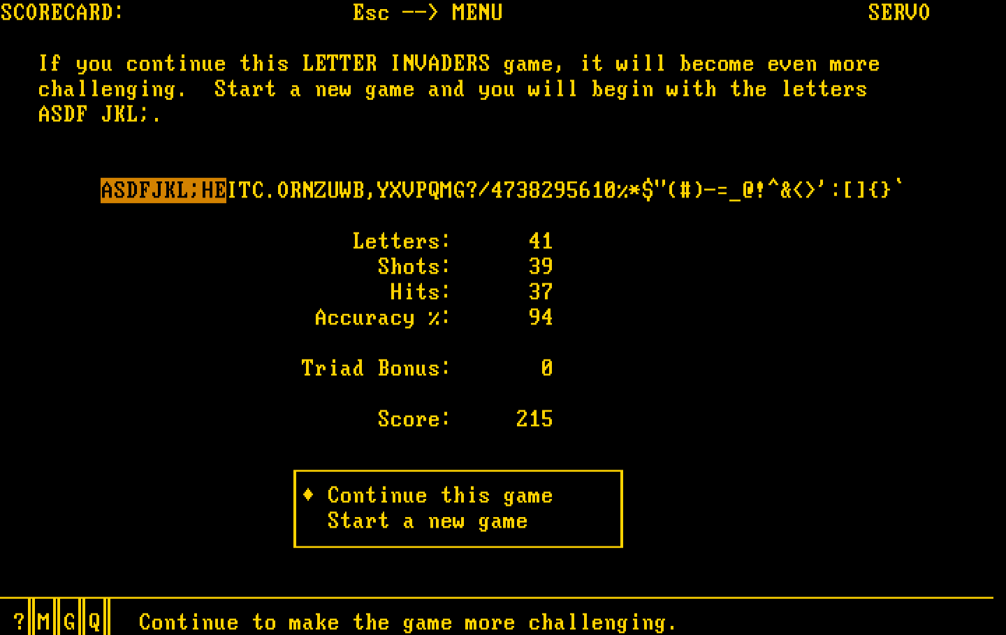 Typing Tutor III IBM PC/Compatibles Screenshot: Letter Invaders summary.