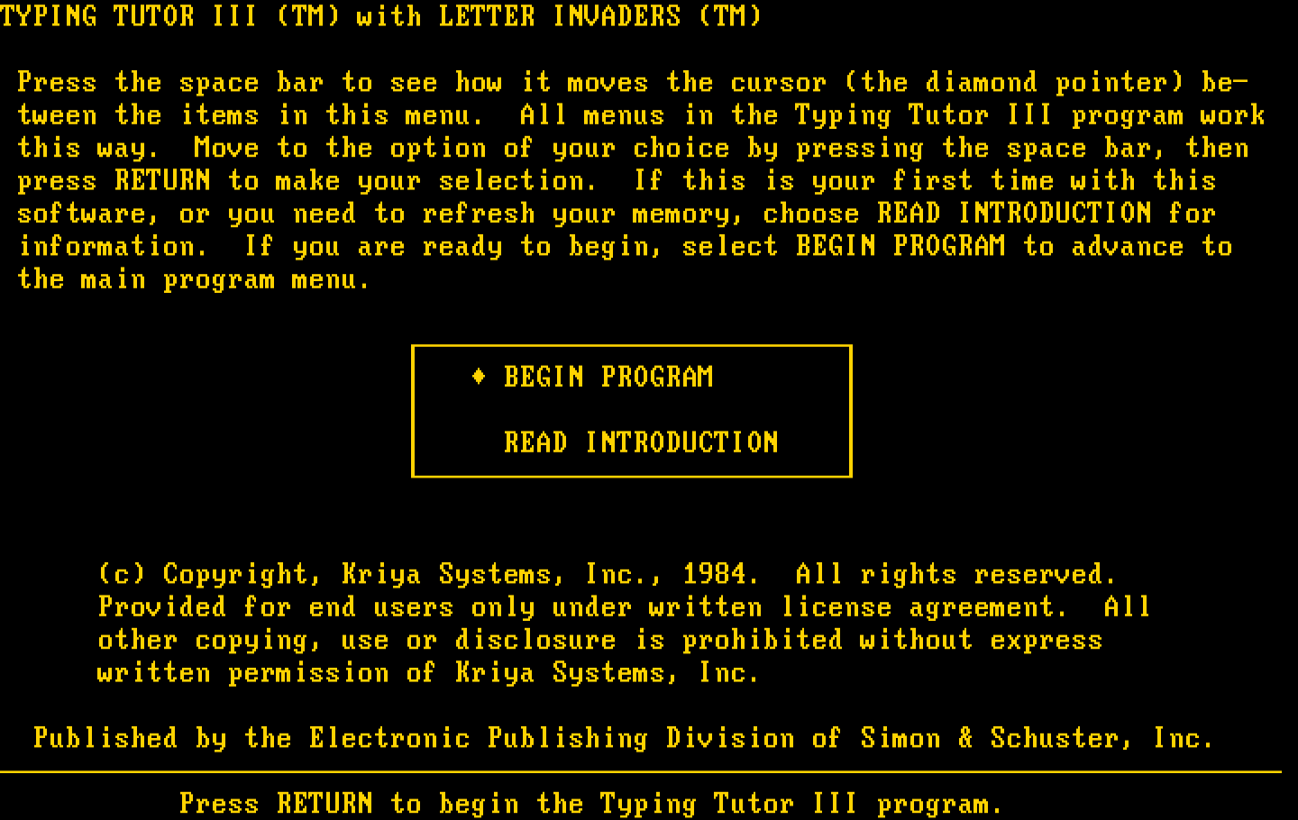Typing Tutor III IBM PC/Compatibles Screenshot: Title screen.