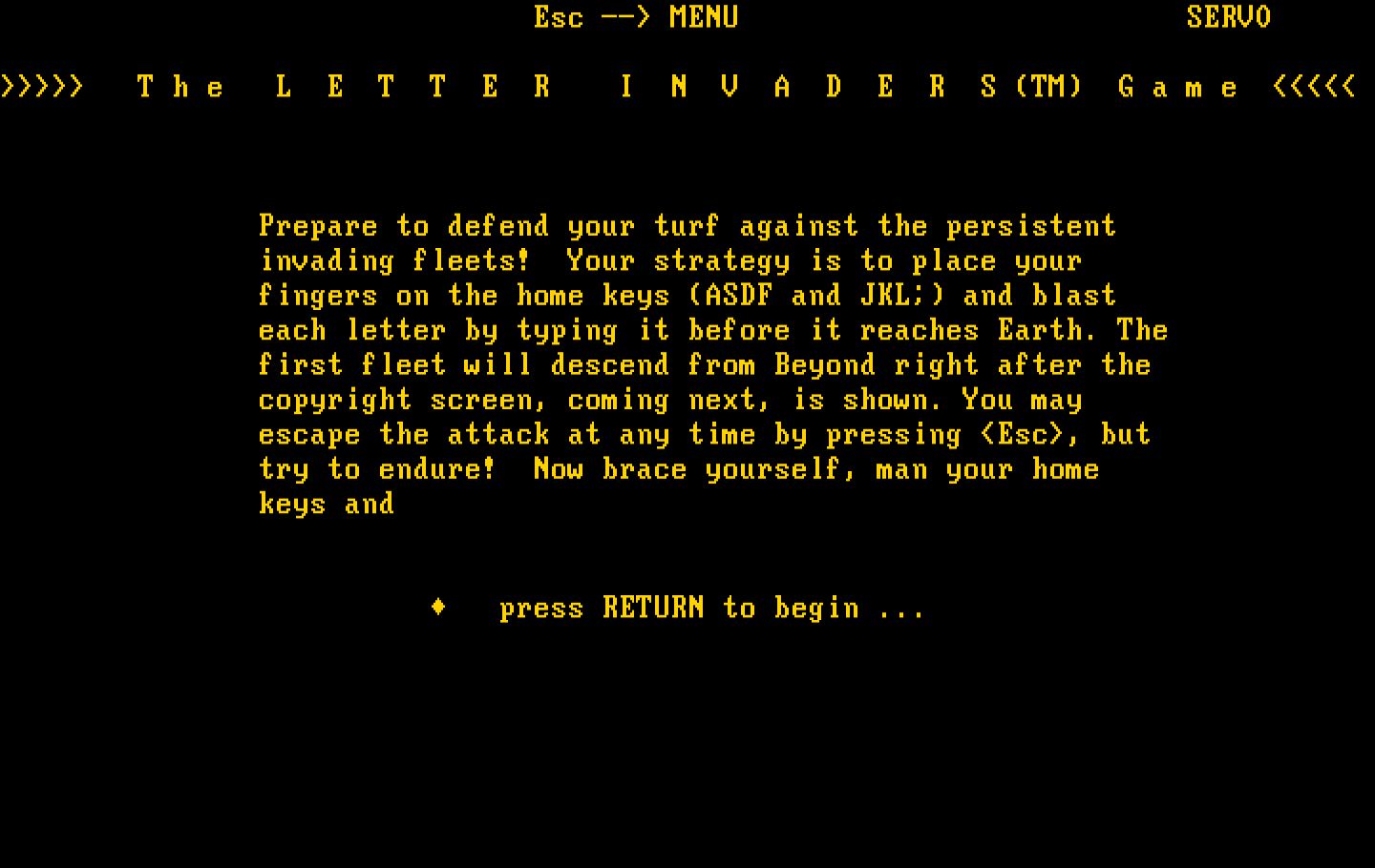 Typing Tutor III IBM PC/Compatibles Screenshot: Overview for the Letter Invaders game.