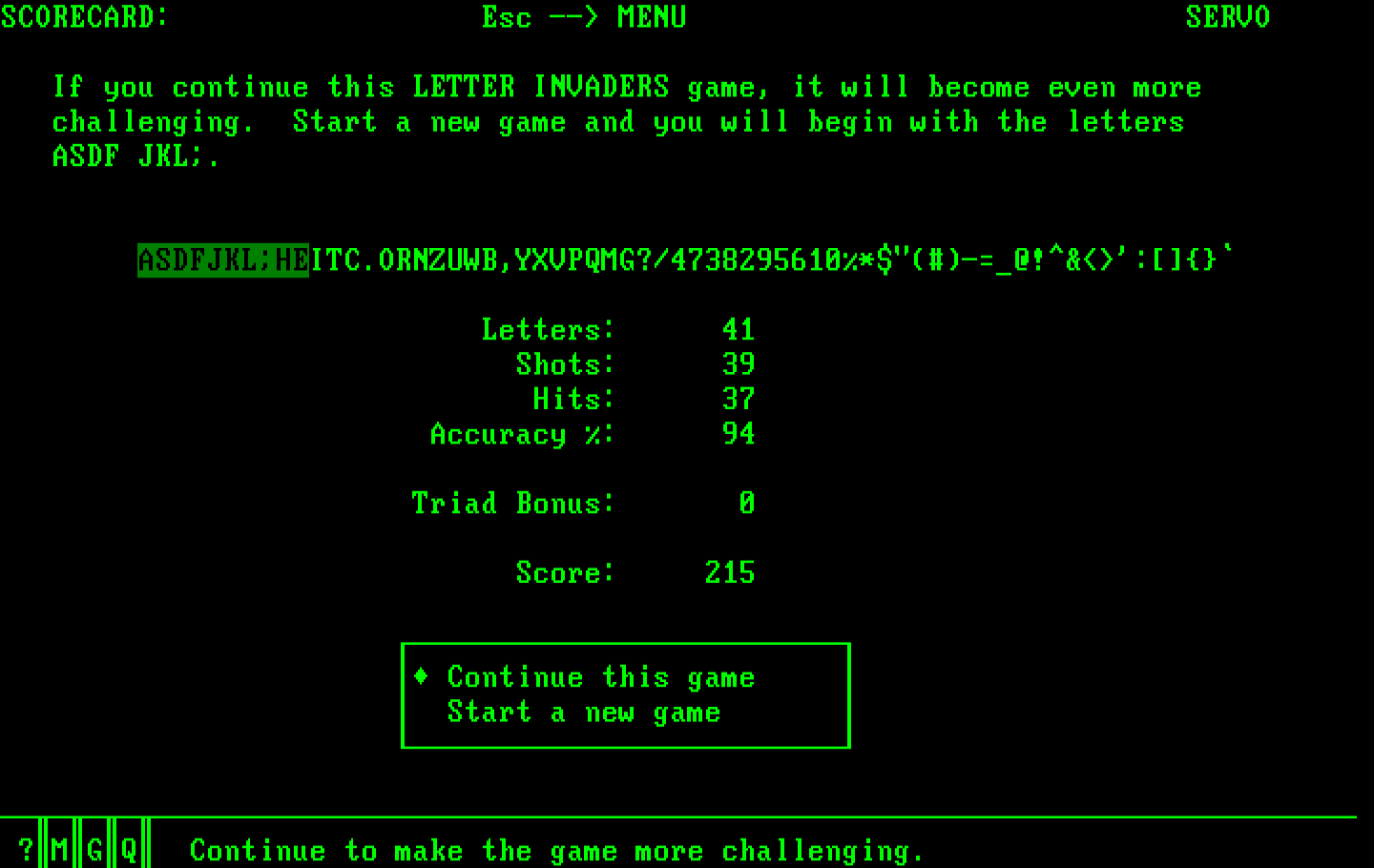 Typing Tutor III IBM PC/Compatibles Screenshot: Letter Invaders summary.