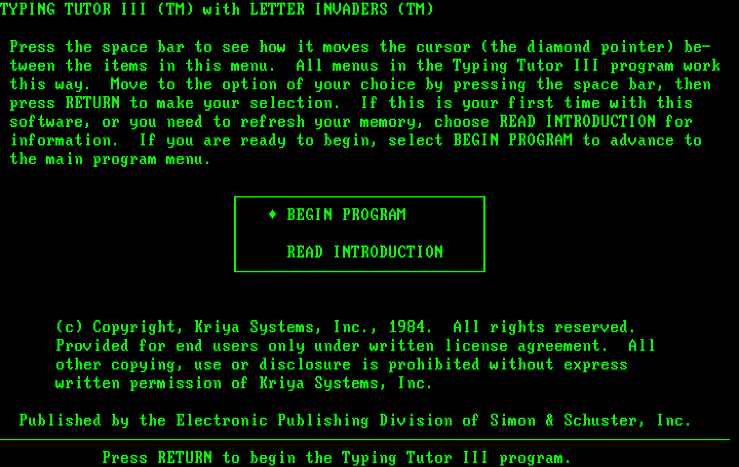 Typing Tutor III IBM PC/Compatibles Screenshot: Title screen.