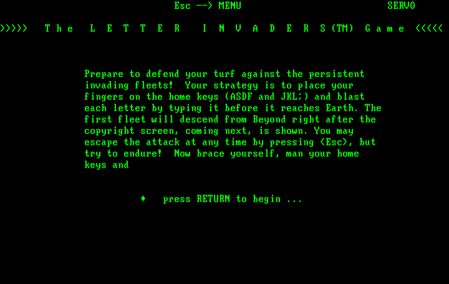 Typing Tutor III IBM PC/Compatibles Screenshot: Overview for the Letter Invaders game.