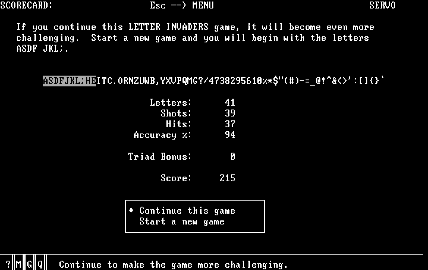 Typing Tutor III IBM PC/Compatibles Screenshot: Letter Invaders summary.