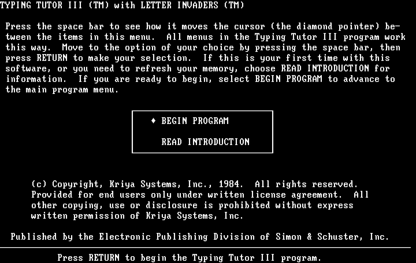 Typing Tutor III IBM PC/Compatibles Screenshot: Title screen.