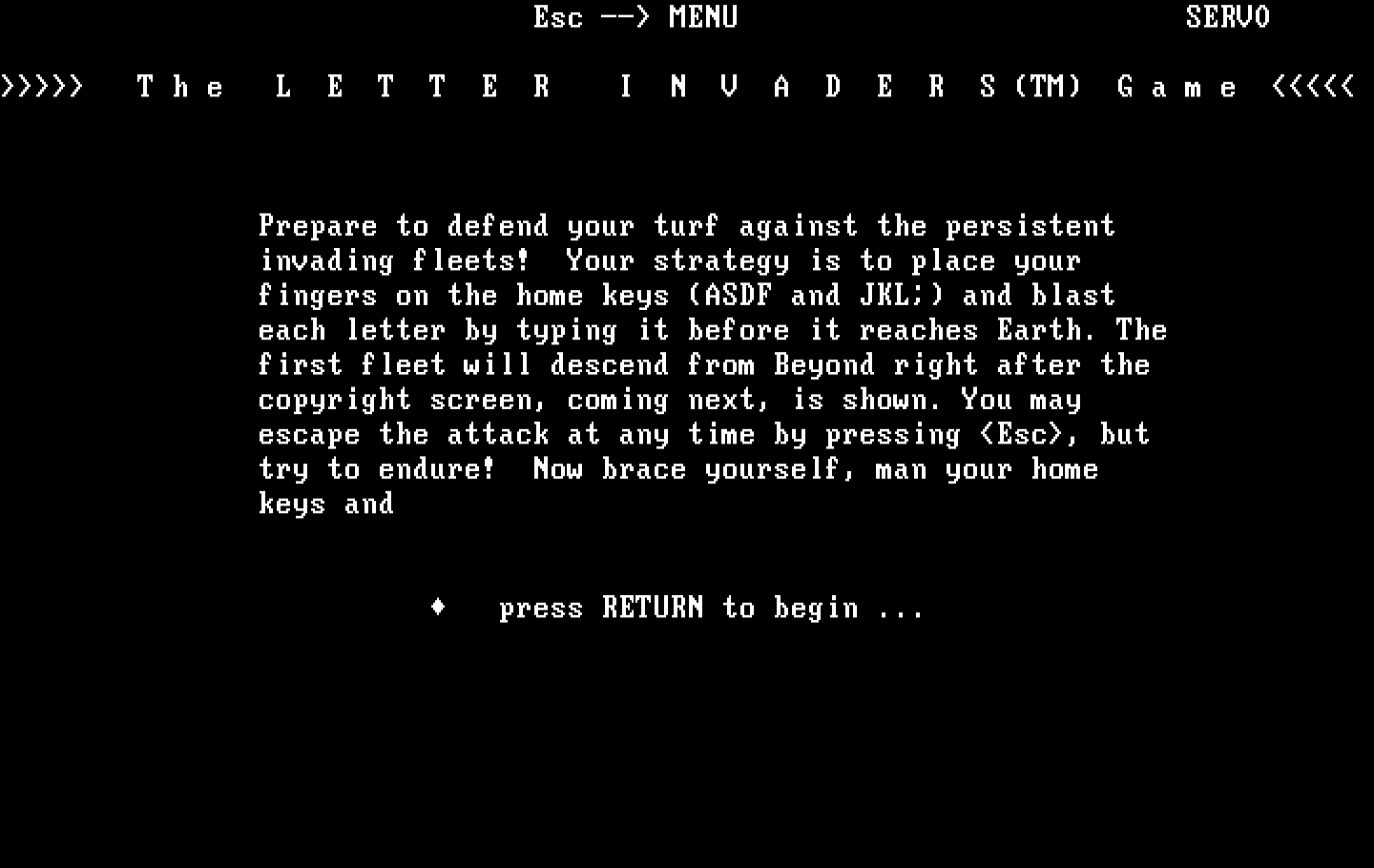 Typing Tutor III IBM PC/Compatibles Screenshot: Overview for the Letter Invaders game.