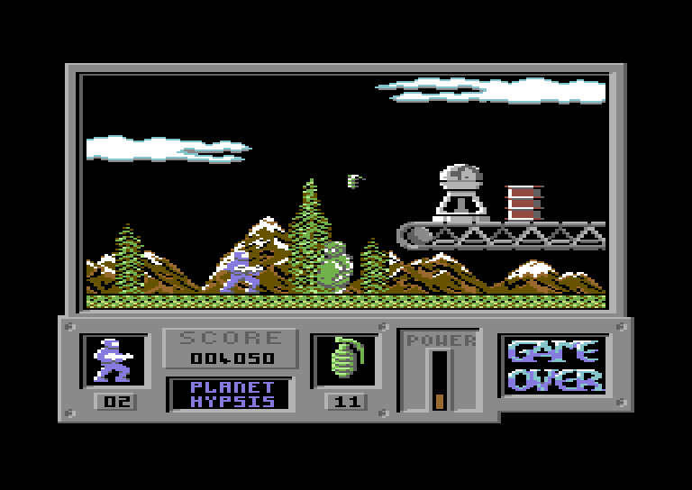 Game Over Commodore 64 Screenshot: You can't jump up to that platform, but there are ladders on some screens.