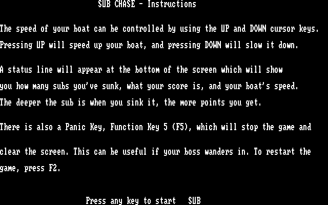 Sub Chase IBM PC/Compatibles Screenshot: Instructions, part 2.