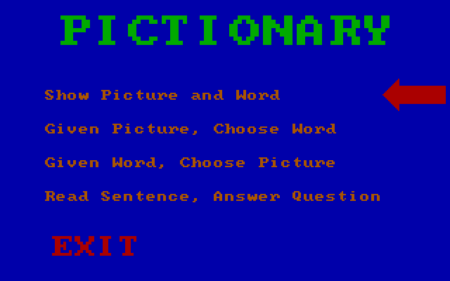 Pictionary IBM PC/Compatibles Screenshot: The main menu.