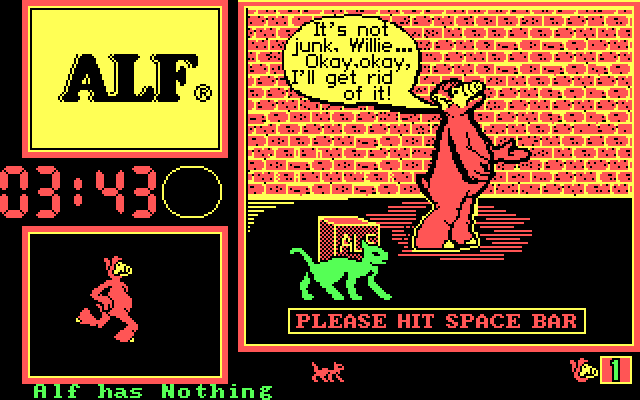 ALF: The First Adventure IBM PC/Compatibles Screenshot: Caught! I'll have to get rid of everything I collected so far.