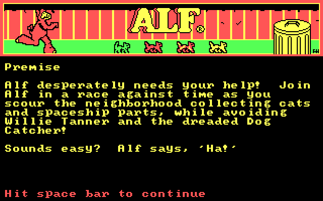 ALF: The First Adventure IBM PC/Compatibles Screenshot: One of many game instruction screens.