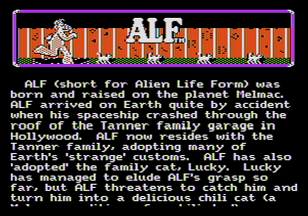 ALF: The First Adventure Apple II Screenshot: The story so far.