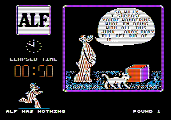 ALF: The First Adventure Apple II Screenshot: You need to get rid of all of your stuff if Willy catches you!