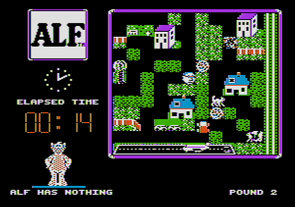 ALF: The First Adventure Apple II Screenshot: Almost caught a cat, but needed some pizza first!