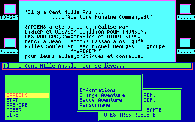 Sapiens IBM PC/Compatibles Screenshot: About the adventure.