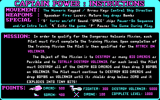 Captain Power and the Soldiers of the Future IBM PC/Compatibles Screenshot: Game instructions.