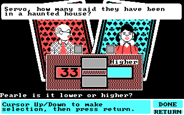 Card Sharks IBM PC/Compatibles Screenshot: Is that answer too high or too low?