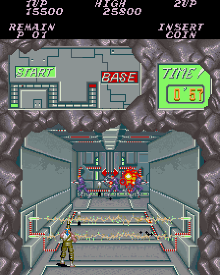 Contra Arcade Screenshot: The game switches perspectives when inside a fortress.