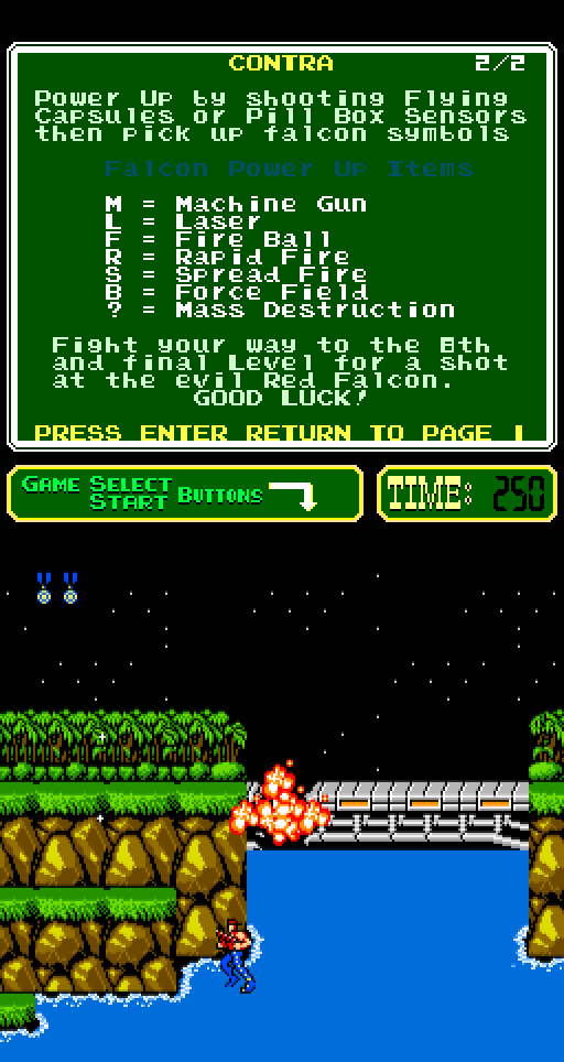 Contra Arcade Screenshot: Watch out for this exploding bridge!