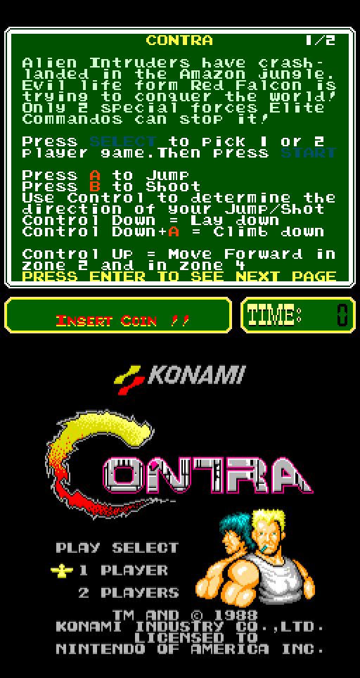 Contra Arcade Screenshot: Title screen.