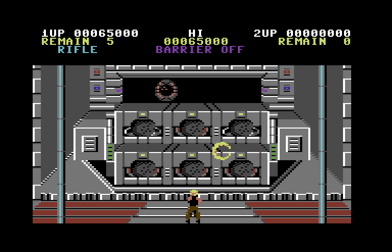 Contra Commodore 64 Screenshot: Destroy these targets to continue on...