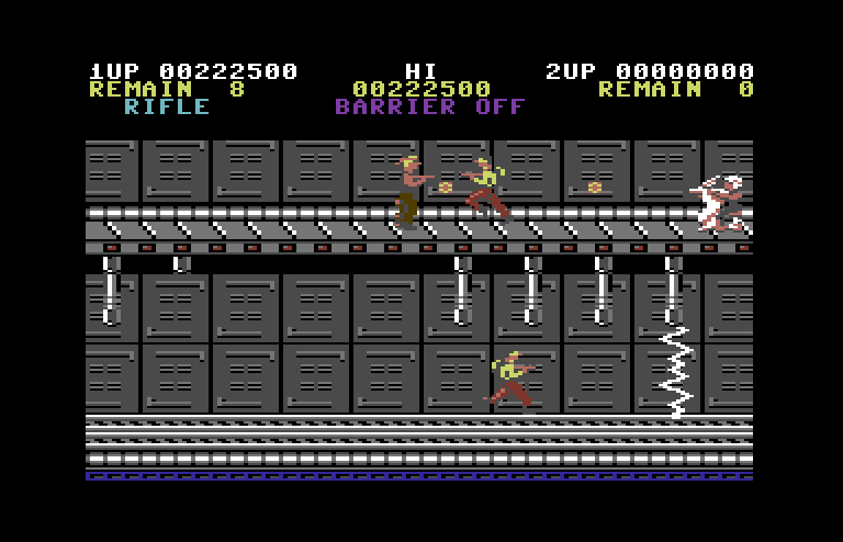 Contra Commodore 64 Screenshot: Avoid the electric fields here...if you can!
